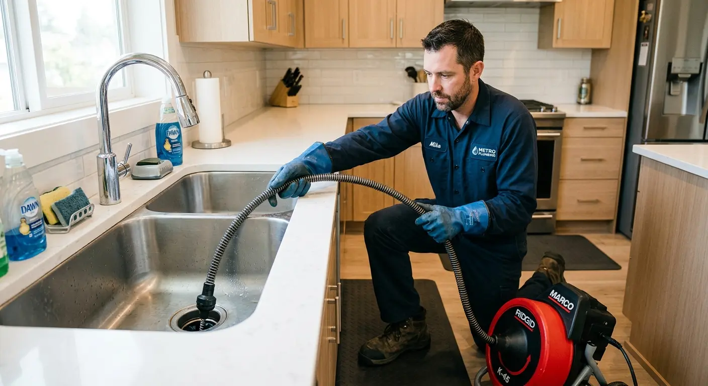 Drain cleaning technician using a motorized snake on a kitchen sink in Burlington